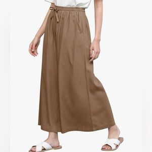 Washed Linen Casual Loose Wide Leg Pants Pocket Pant with Draw String -khaki